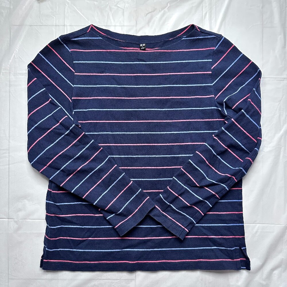 Women's Long Sleeve Top Uniqlo Navy with Color Lines Size Small